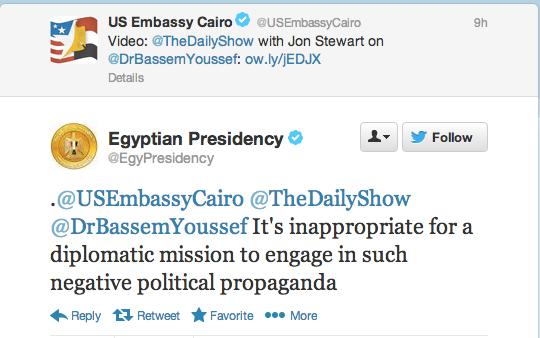 الرئاسة تستنكر نشر السفارة الأمريكية لحلقة ستيوارت الداعمة لباسم يوسف على حسابها على تويتر  