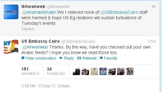الإخوان بالإنجليزية على تويتر: سعداء لسلامة الدبلوماسيين الأمريكيين والسفارة ترد: نقرأ أيضا ما تكتبونه بالعربي